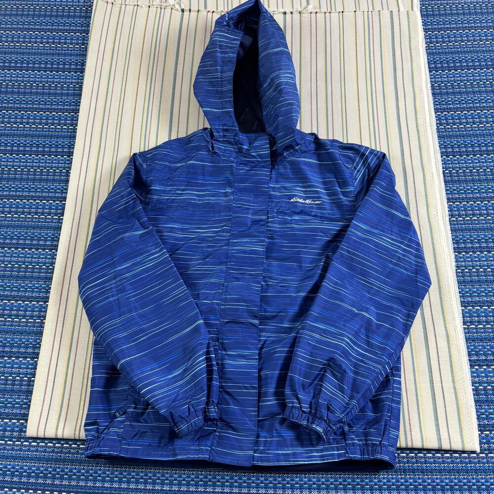 Eddie Bauer Jacket Kids Large 14/16 Blue Hooded Striped Windbreaker Zip Outdoor